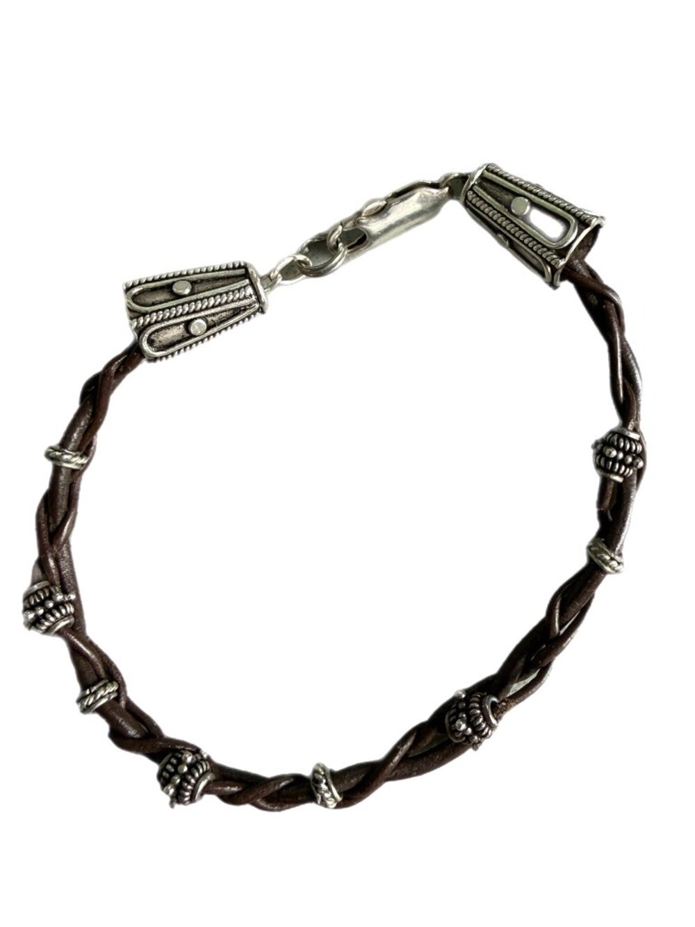 Handmade Braided Brown Leather Bracelet with Sterling Silver End Caps